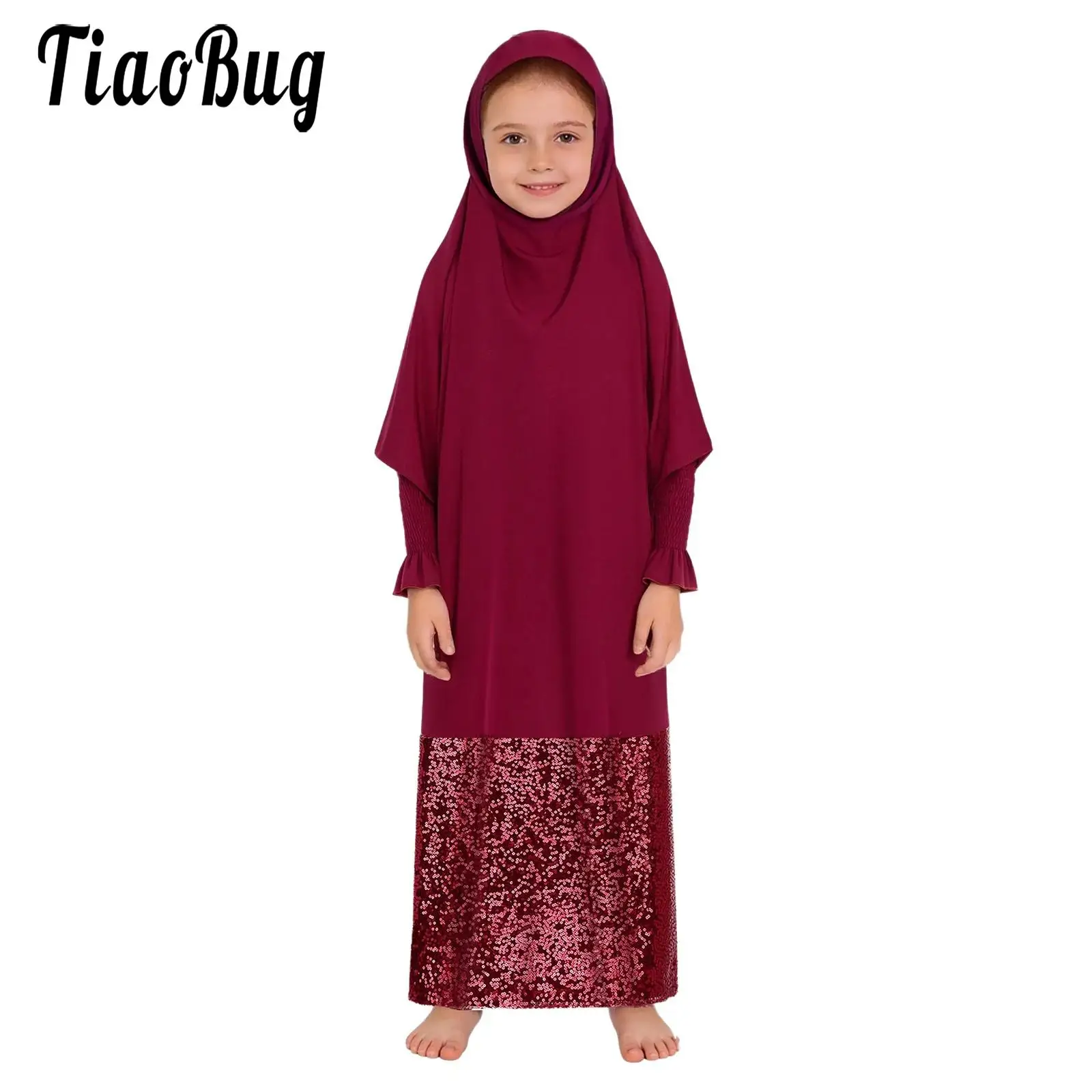 

Kids Girls One-piece Muslim Prayer Hijab Robe Dress Batwing Sleeve Full Cover Hooded Abaya Sparkling Sequin Long Dress Causal