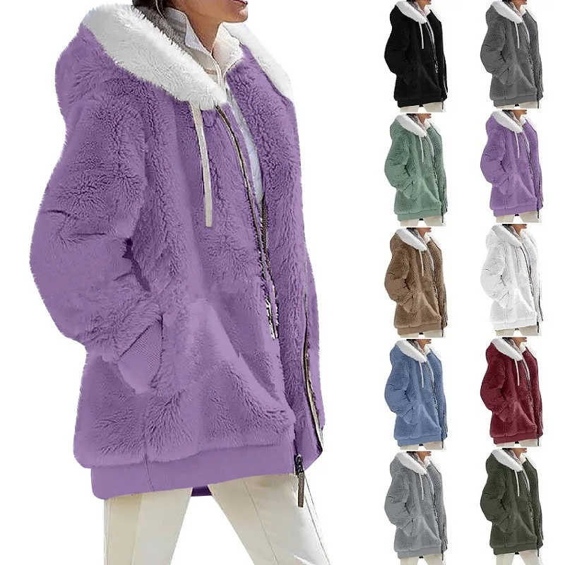 

2023 Autumn/Winter Loose Plush Long Sleeve Zip Pocket Hooded Warm Coat for Women