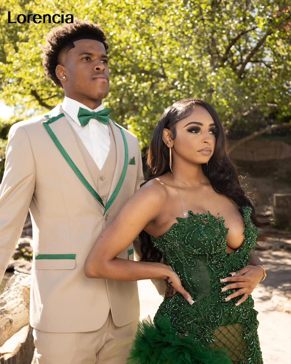 Customized Emerald Green Mermaid Prom Dress For Black Girls Sequin Rhinestone Beaded High Slit Ruffles Party Gala Gowns YPD94