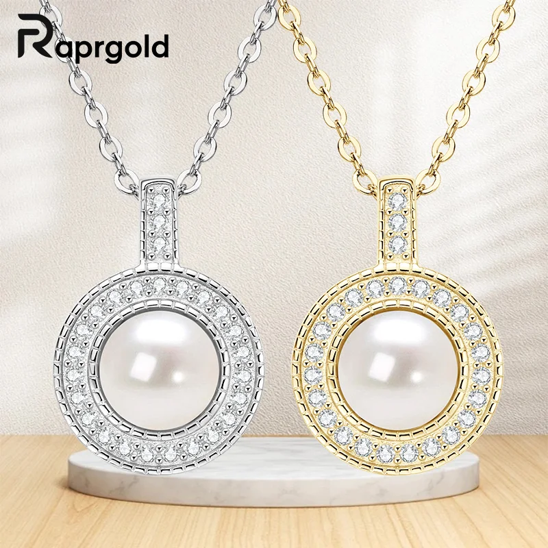 

RAPRGOLD 6-6.5mm Natural Freshwater Pearl Necklace For Women Real 925 Sterling Silver Round Pendant Necklaces Chains Jewelry Gif