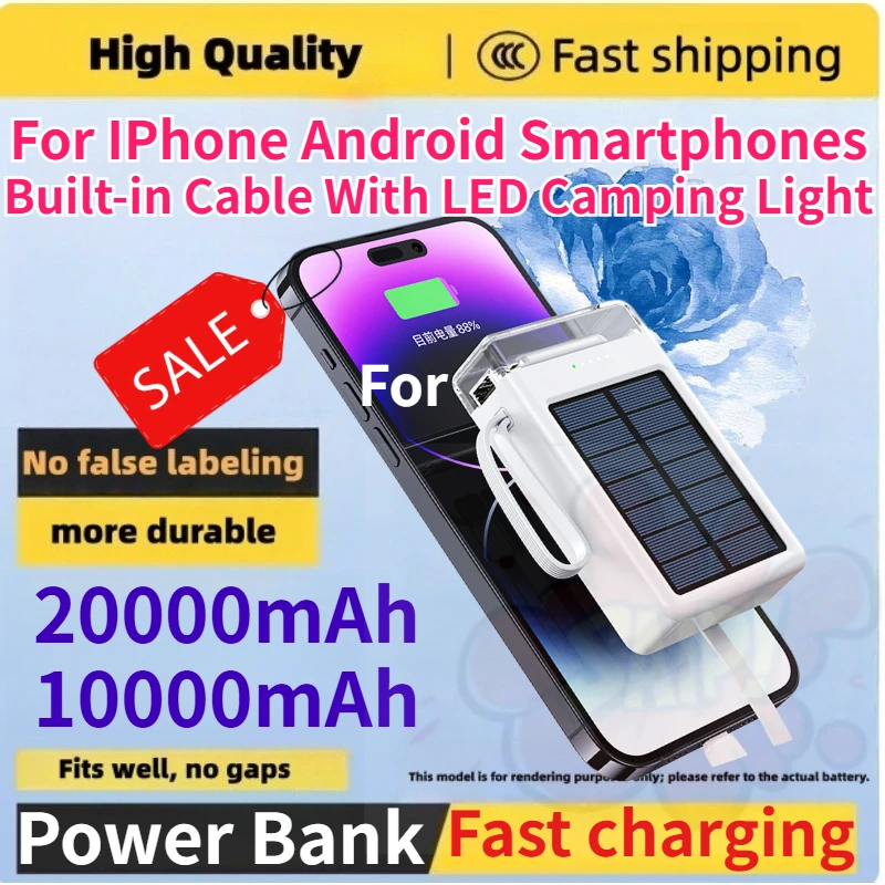20000mAh 10000mAh 10W Mini Portable Solar Power Bank Built-in Cable with LED Camping Light for IPhone Android Smartphones