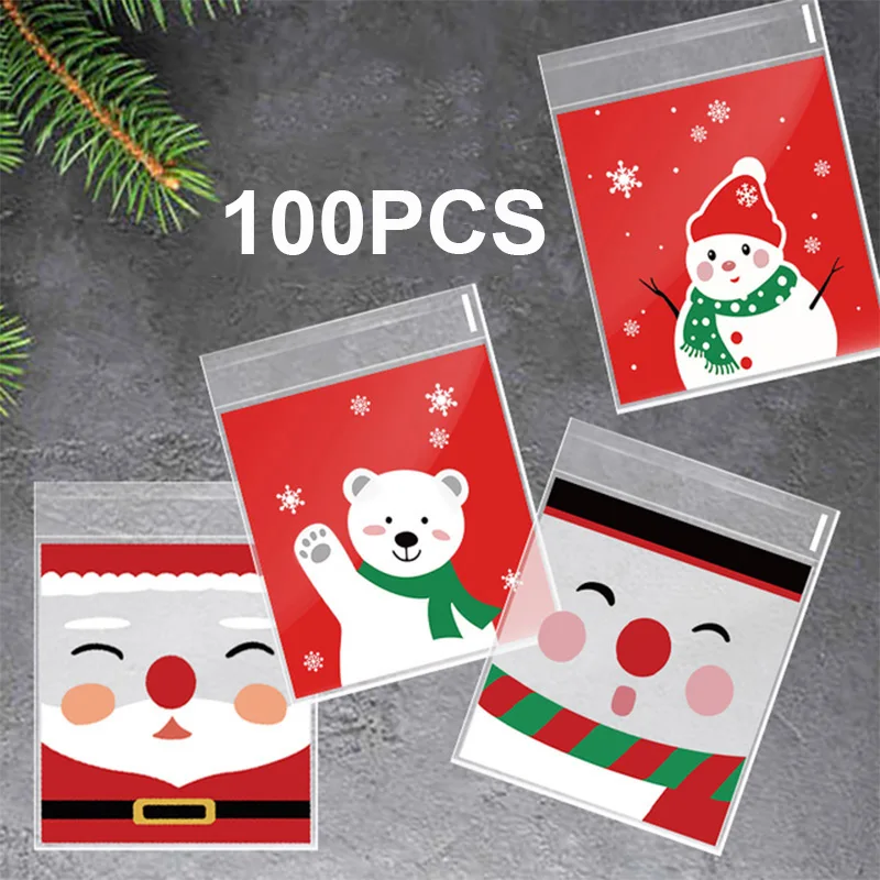 100pcs 10x10cm Merry Christmas Candy Bags Santa Claus Cookie Gift Packing Self-Adhesive Plastic Bag For Xmas New Year Favor 2023