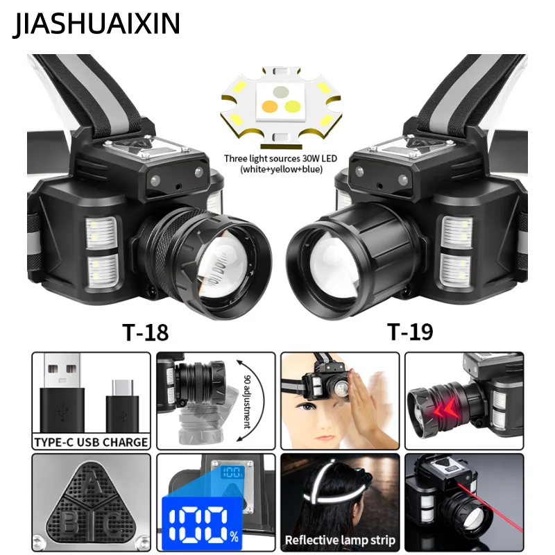 

JIASHUAIXIN 30 Вт тройной источник света светодиодный индукционный яркий фонарь перезаряжаемый налобный сверхдлинный сверхяркий фонарик
