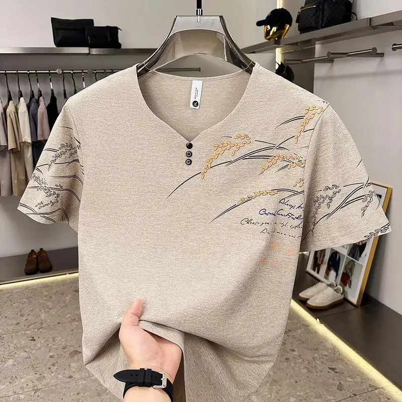 Men's V Neck Short Sleeve T Shirt with Wheat Print Casual Summer Tee Breathable Cotton Blend Top for Daily Wear