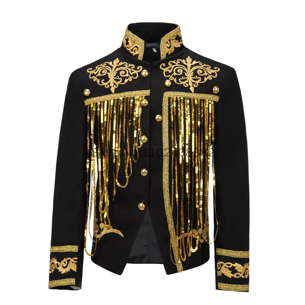 New Steampunk Men\'s Jacket DJ Dancer Ternos White Men Costumes Clothing Black and Gold Blazer with Sequin Tassels for Performer