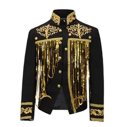 New Steampunk Men's Jacket DJ Dancer Ternos White Men Costumes Clothing Black and Gold Blazer with Sequin Tassels for Performer