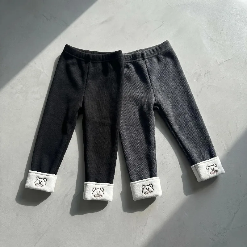 Autumn Winter 2-7T Girls Fleece Lined Leggings Cuff Bear Embroidery Trousers Warm Kids Thick Casual Long Pants