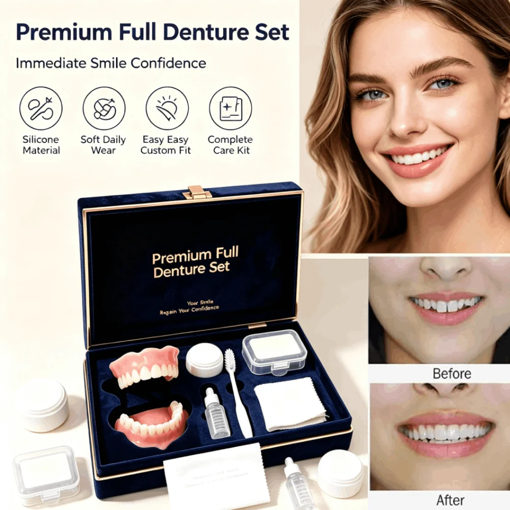 Cosmetic Denture Kit Instant Smile Realistic Upper Lower Teeth Set Silicone Custom Fit Cleaning Tools Daily Wear Dental Beauty