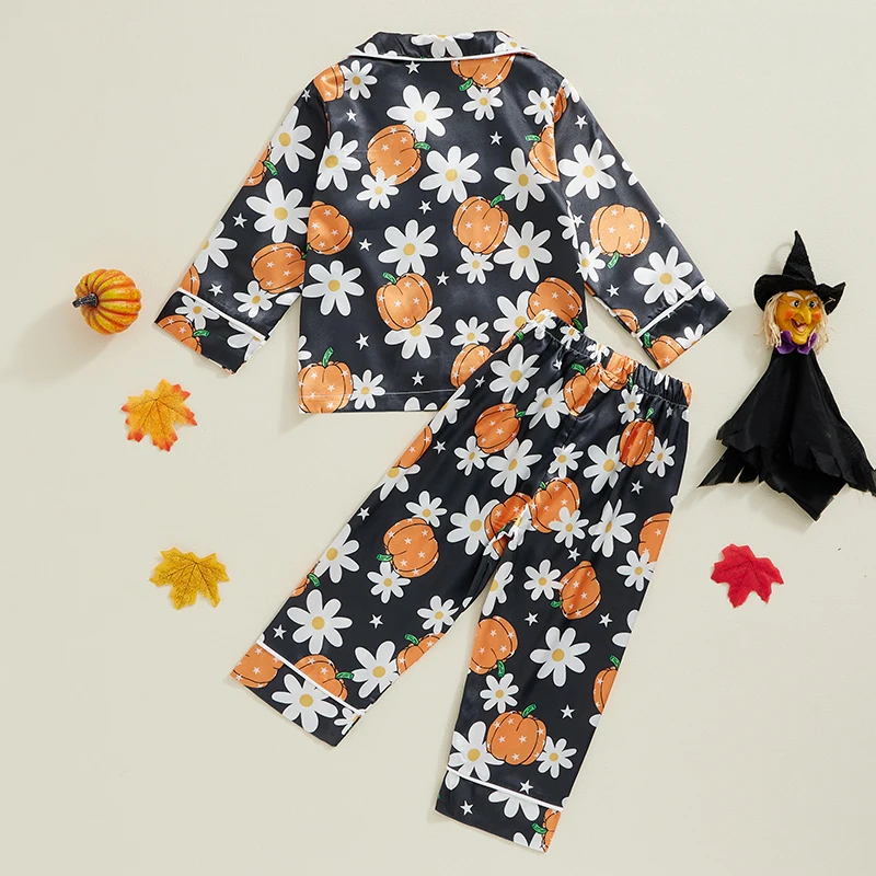 Piyama Halloween balita perempuan, Set piyama motif bunga labu Satin kancing atas kemeja sutra atasan celana musim gugur