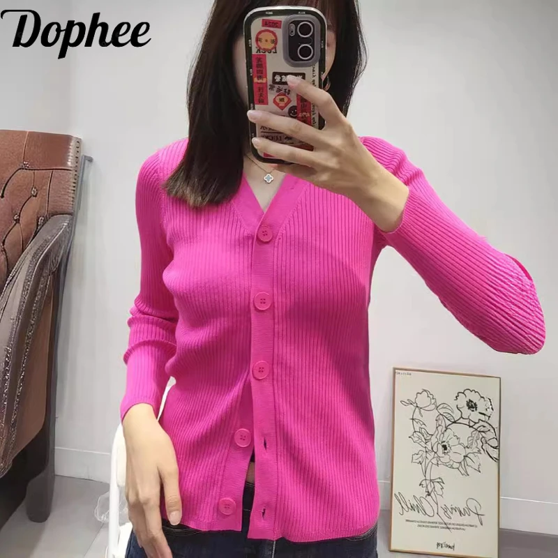 

High Quality Spring Autumn Dopamine Rose Pink Sweater Top Women Elegant Single-breasted V-neck Long Sleeve Slim Knitted Shirts