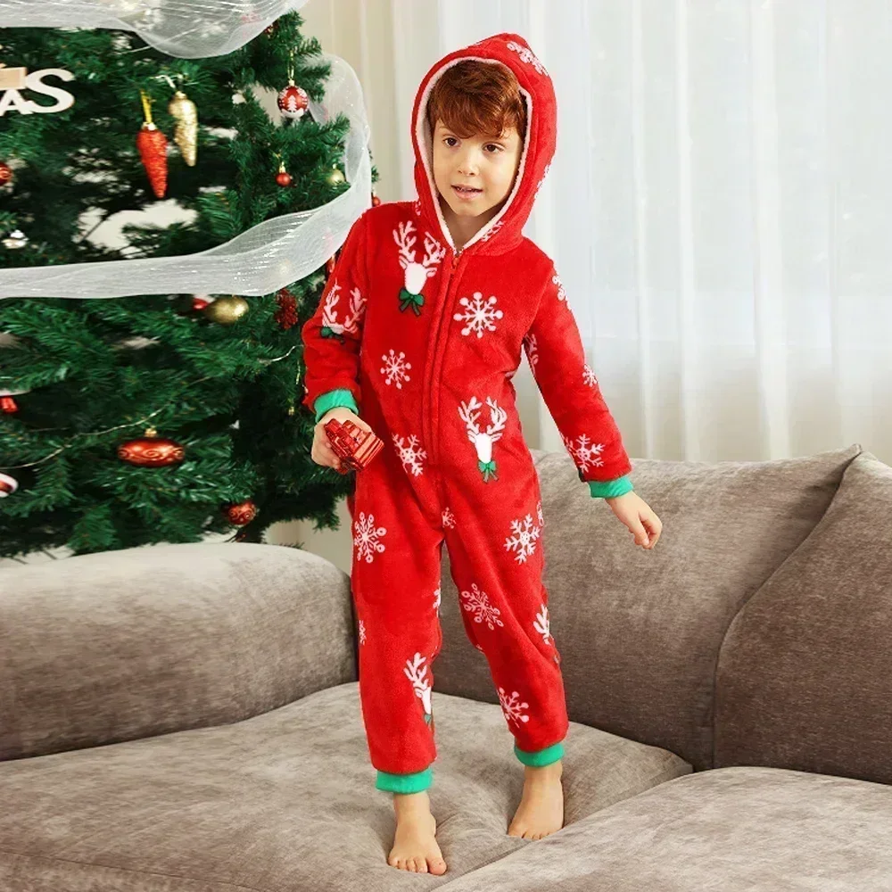 New Family Christmas Clothes Red Flannel Pajamas Warm Soft Jumpsuit Print Parent-child Matching Outfits Hooded Romper Xmas Look image 3