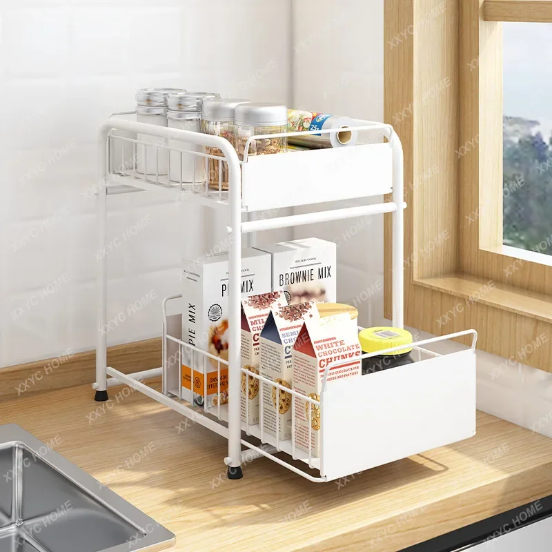 Storage Basket with Push Pull Drawer Organizer Under Sink Rack 2-Tier Sliding Drawer Sliding Basket for Kitchen and Bathroom