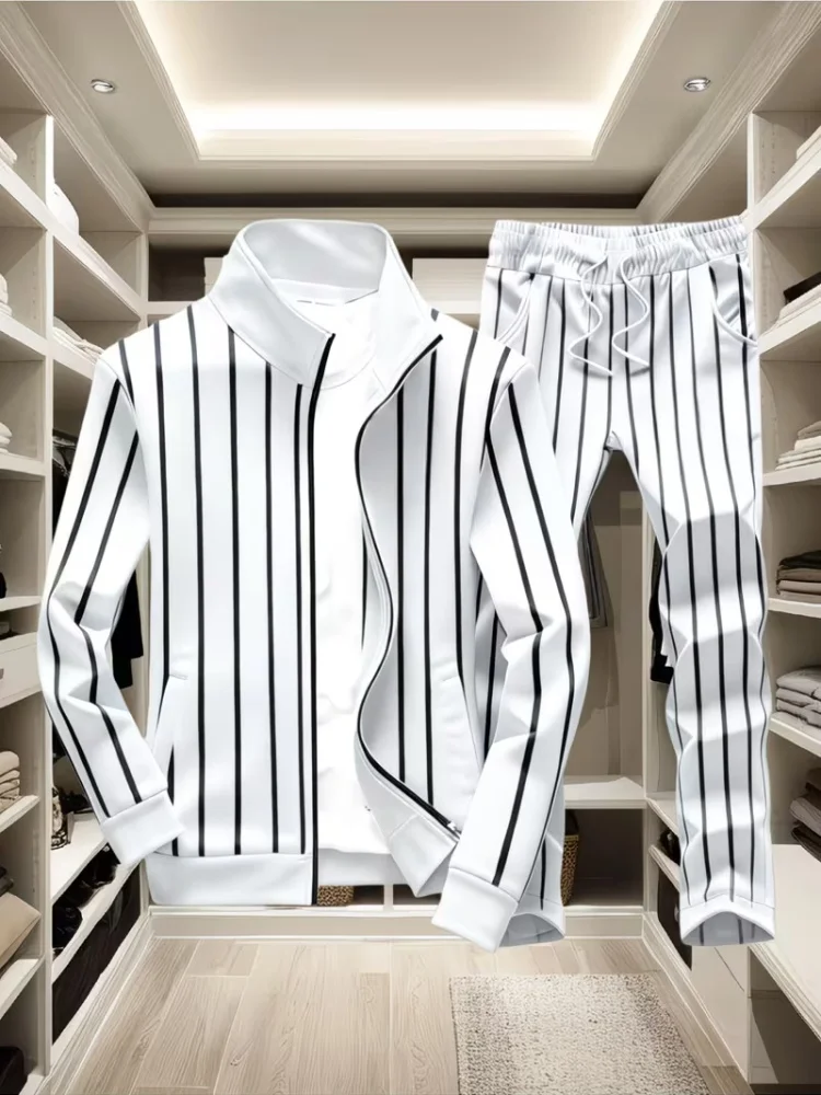 Men Vertical Stripe Stand Collar Zip Tracksuit Fashion Streetwear Athletic Sweatpants Set For Dating Casual Walking Daily Wear