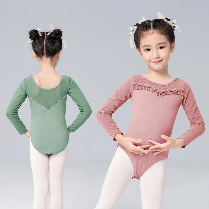 Girls Ballet Cotton Mesh Splice Dance Leotards Kids Gymnastics Dance Long Sleeves Children Elegant Lace Costumes