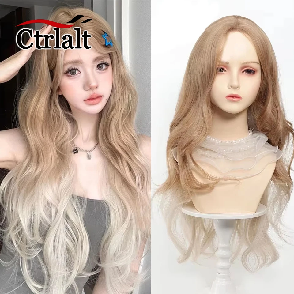 

﻿ Ombre Золотой парик со средней частью волос Длинный волнистый синтетический вьющийся парик Лолиты для женщин Ежедневное вечерние использование Парик для Хэллоуина ﻿