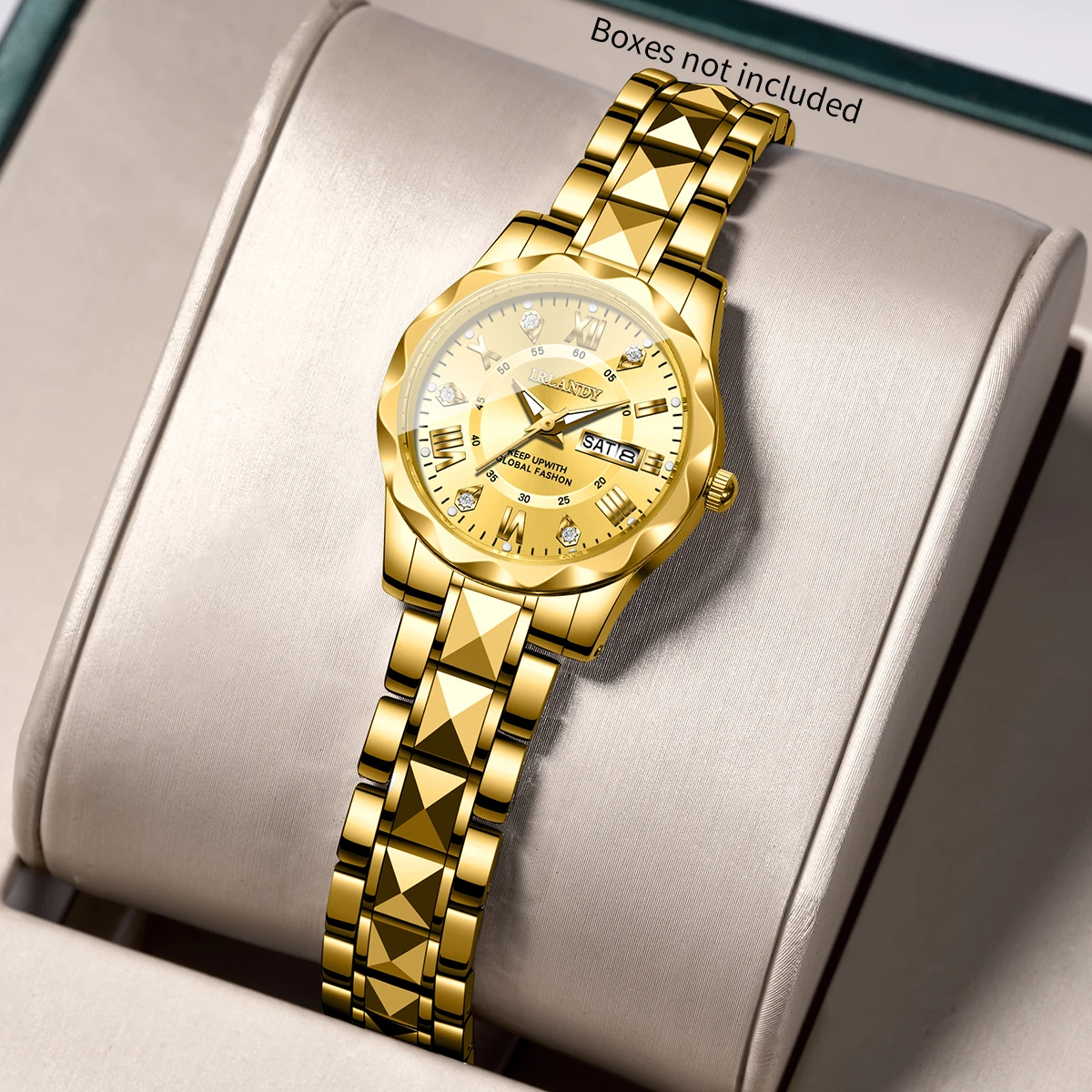 Luxury Golden Stainless Steel Strap Women Wristwatch Fashion Rhinestone Roma Dial Calendar Watches Relogio FemininoWithout Box