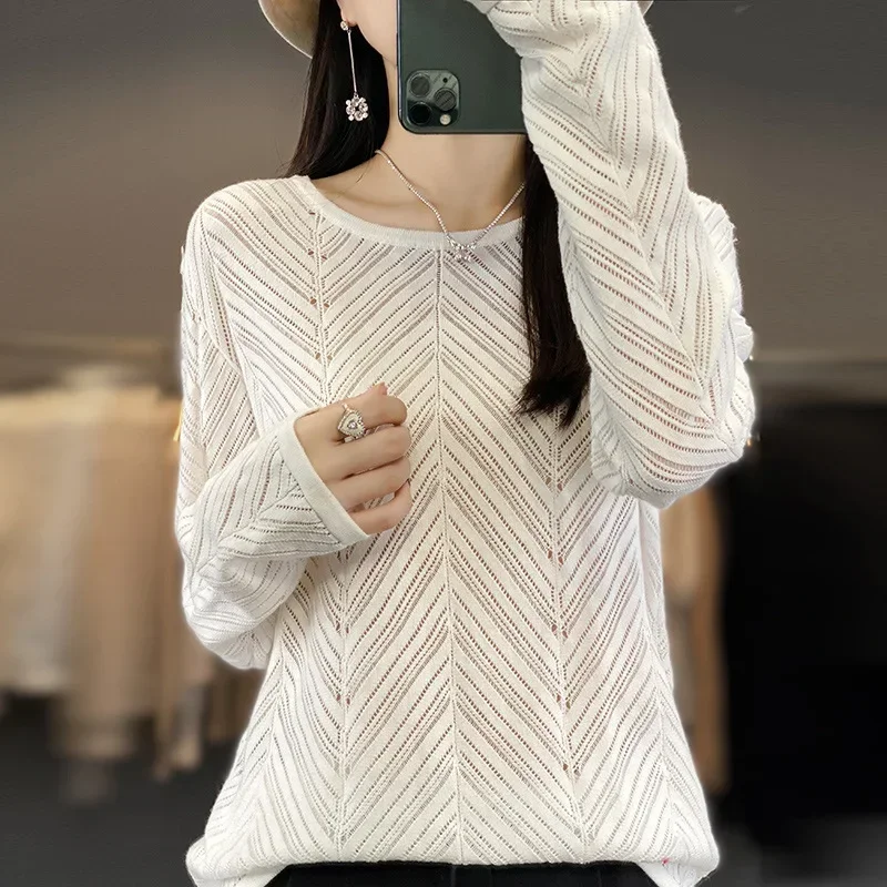 Autumn/Winter New Korean Design Sense Hollow Out Simple Lazy Slim Round Neck Knit Sweater for Women