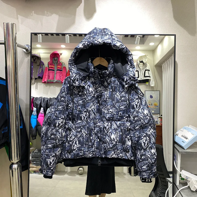 Trendy contrasting color down jacket women's winter new style loose and thick warm personality printed hooded bread jacket