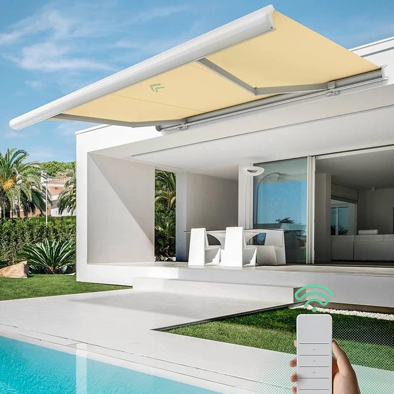 

Настенный водонепроницаемый моторизованный выдвижной садовый тент, полная кассета со светодиодной подсветкой, алюминиевый складной тент на крыше