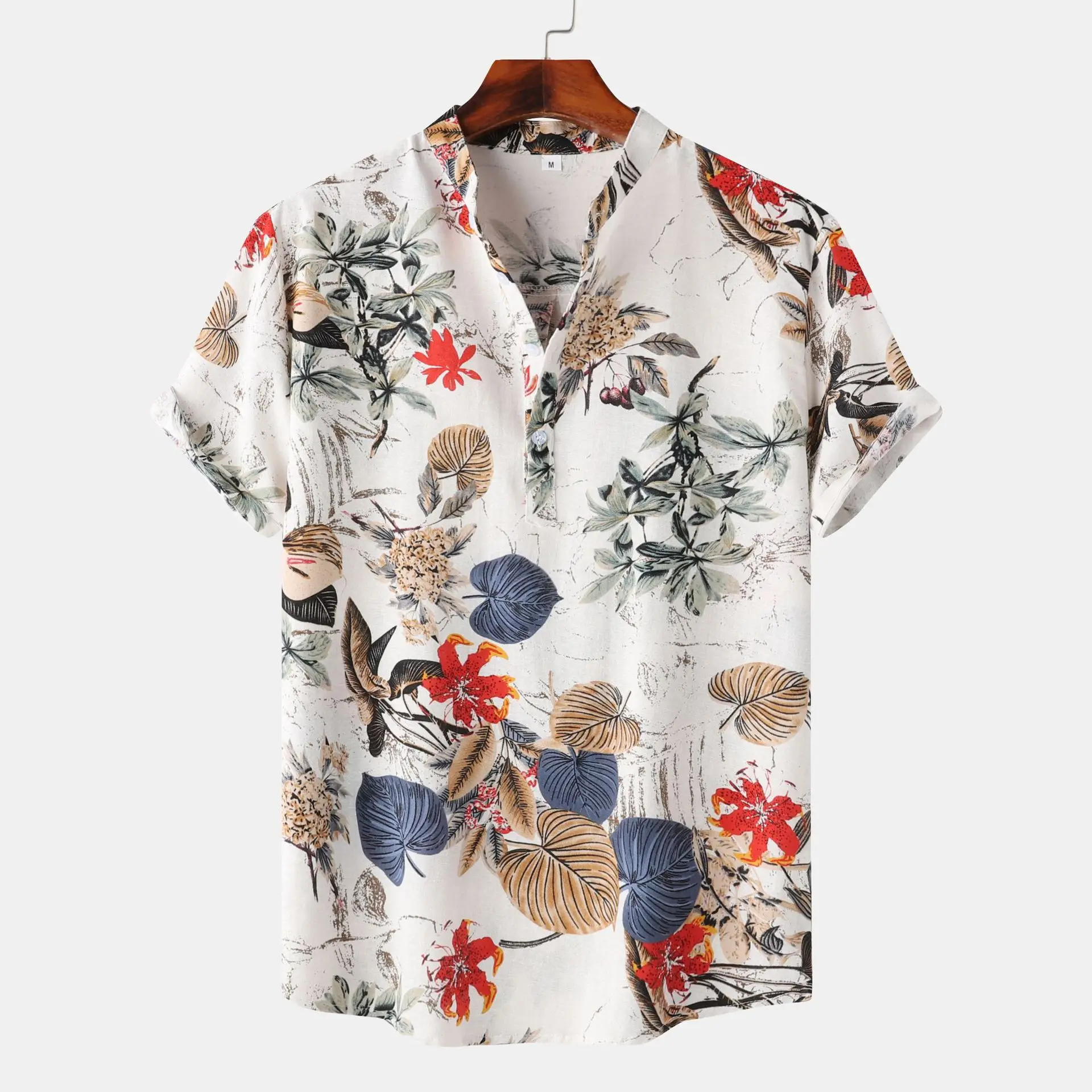 

Floral Men's Henley Collar Linen Cotton Beach Shirts Summer Hawaiian Short Sleeve Clothing Casual Pullover Seaside Party Shirts