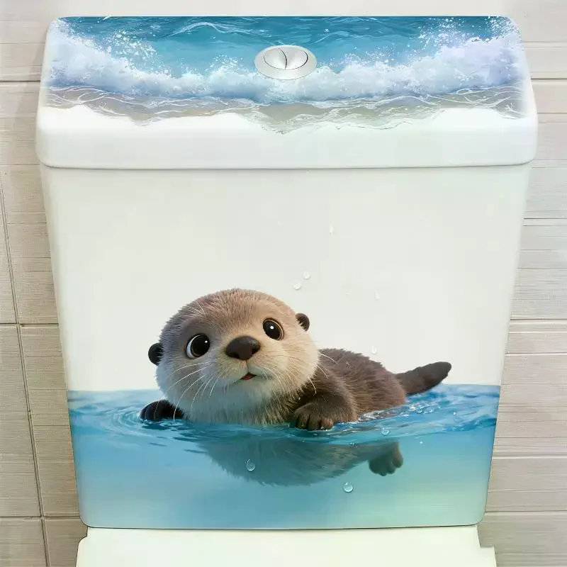 Bathroom Wall Decor: Cute Otter Toilet Tank Sticker Ocean Wave PVC Decal Adhesive Wall Art Home Decoration
