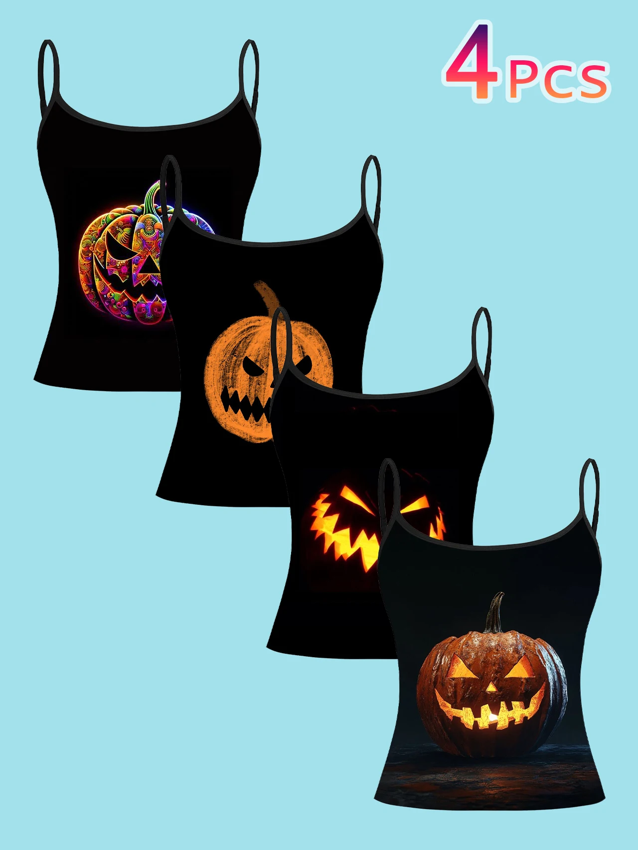 4-Pack Halloween Colorful Pumpkin Women's Camisole Tops - Black Base with Colorful Patterned Pumpkins, Hand-Painted Style Pumpkins, Glowing Ghost Face Pumpkins, Realistic Pumpkin Print Slim Fit Spaghetti Strap Short Camisole Tops
