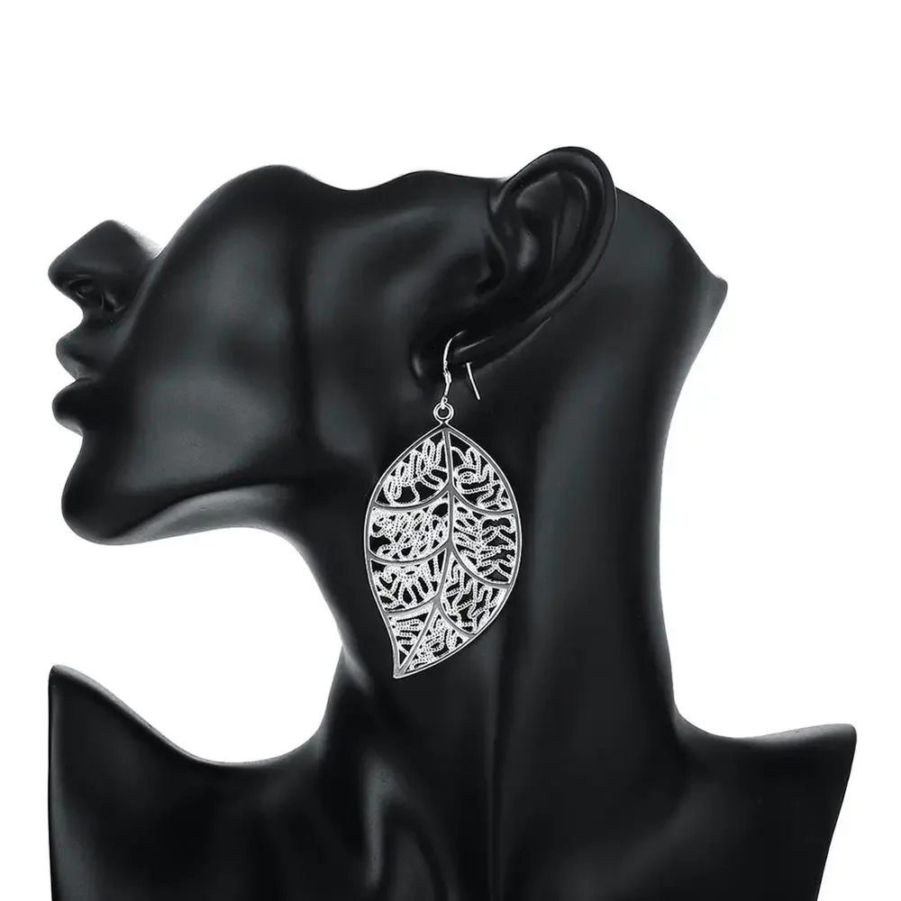 925 Sterling Silver Simple Leaves Necklace & Earring Set