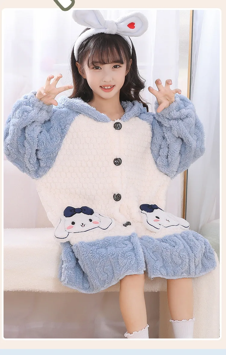 

Sanrio Flannel Childrens Pajamas Set Hello Kitty Cinnamoroll Winter Thicken Winter Sleepwear Night Gown Girl Hooded Loungewear