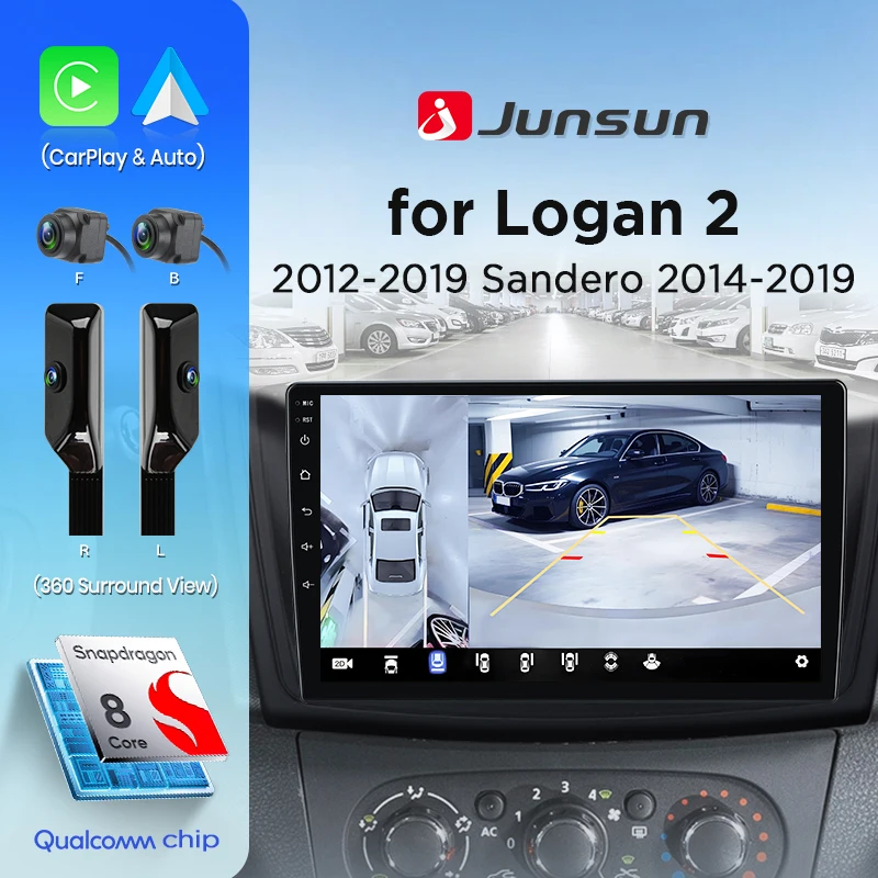 Junsun 8-Core 360 Kamera CarPlay Android Auto Autoradio für Renault Logan 2 Sandero 2014-2019 GPS Intelligente Systeme Stereo