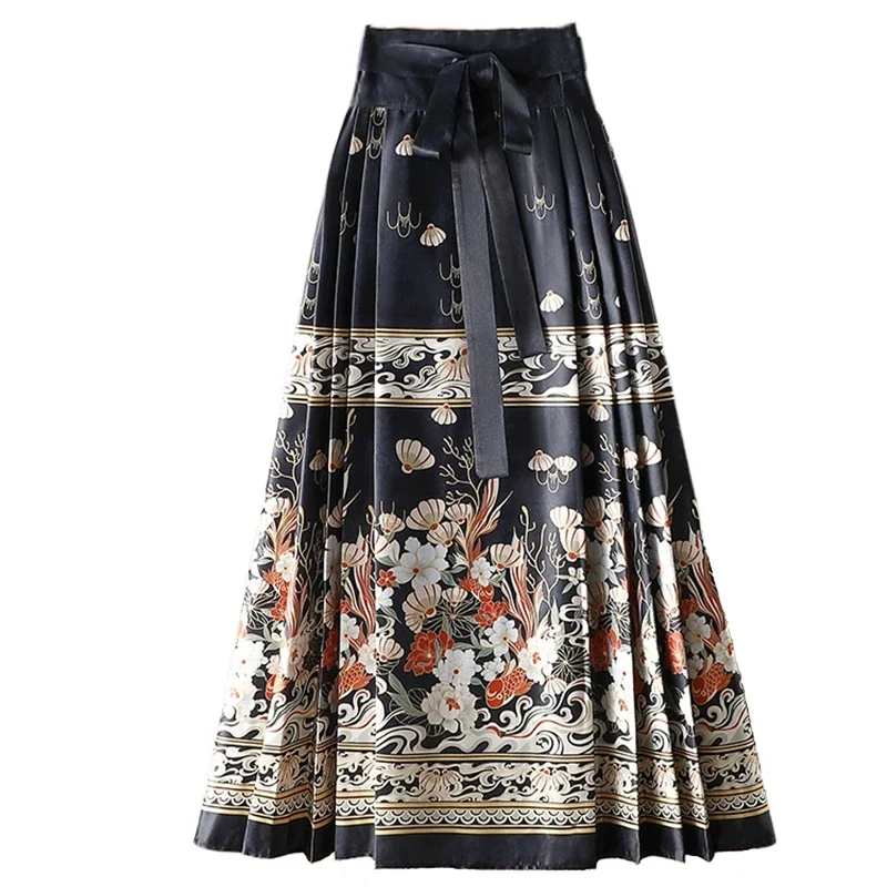 Elegant Ethnic Hanfu Pleated Skirt Women Long Chinese Style Horse Face Skirts Vintage Party Wear Vestido De Festa Faldas Mujer