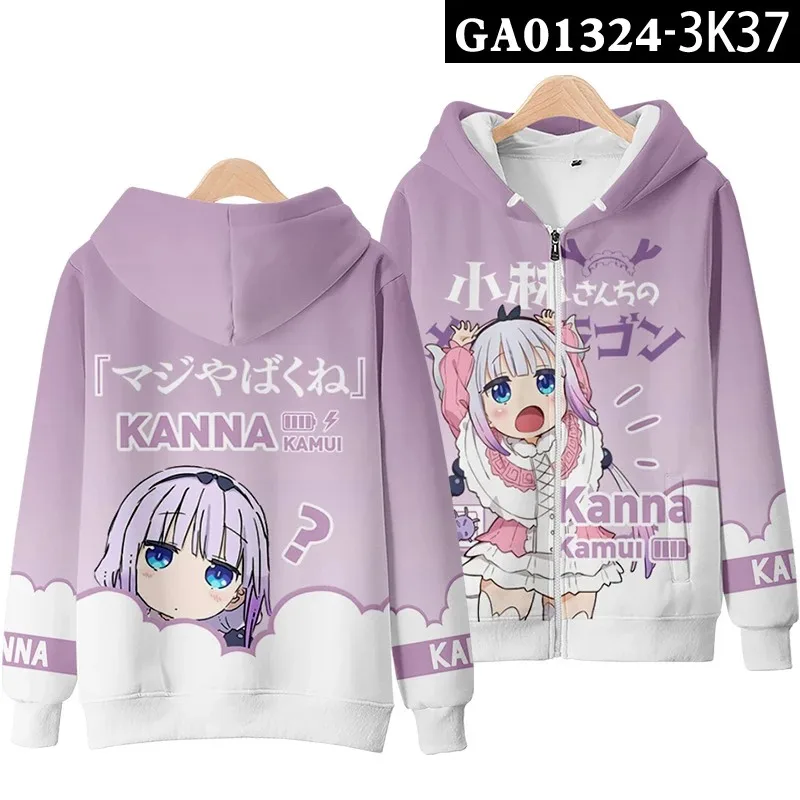 Japan Anime Miss Kobayashi's Dragon Maid Cosplay Costume Kanna Kamui Tohru Quetzalcoatl Unisex 3D Hoodie Zipper Hooded Jacket