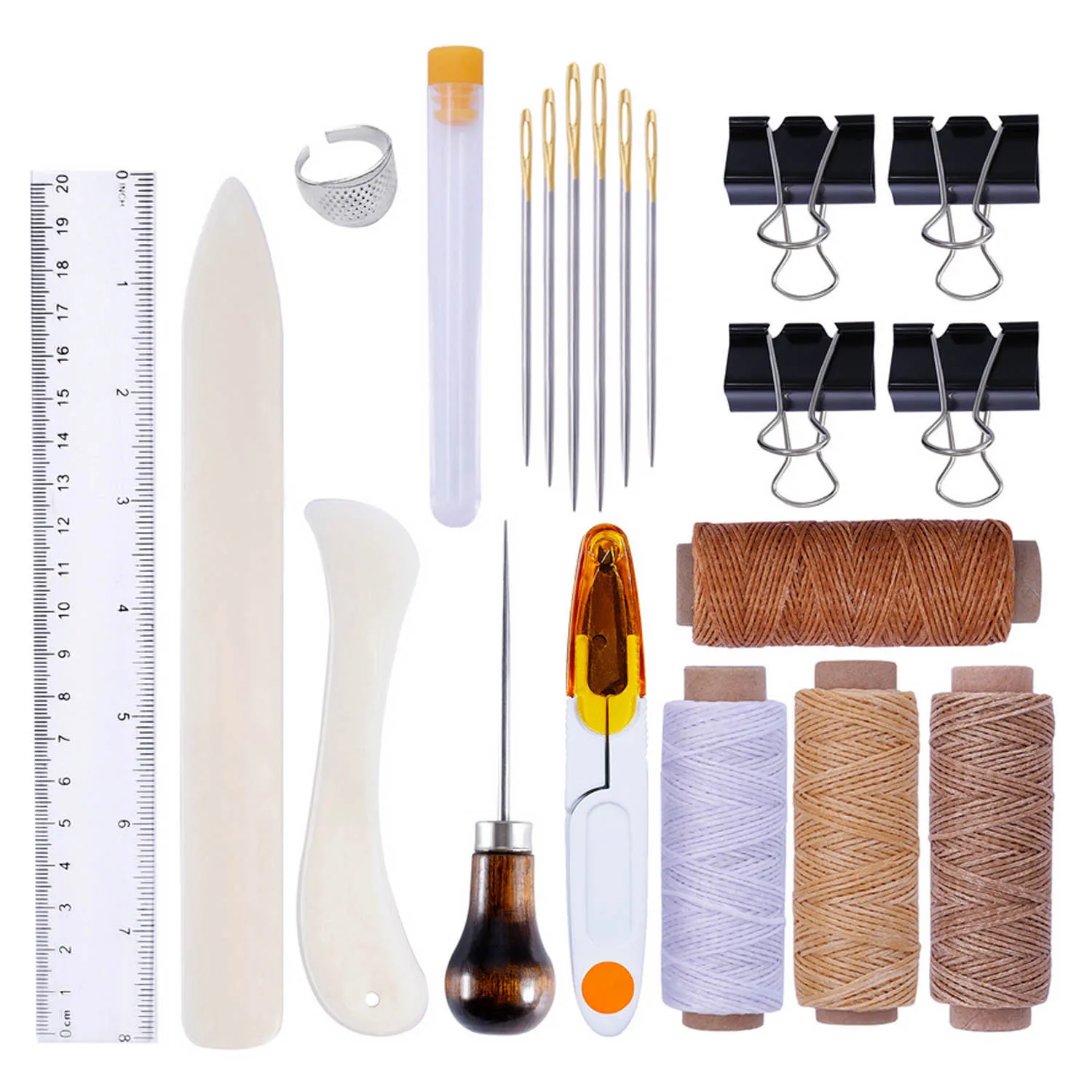 

20pcs Bookbinding Leather Stitching Tools Set with Bone Folder Creaser Needles Awl Waxed Thread for DIY Handmade Craft Supplies