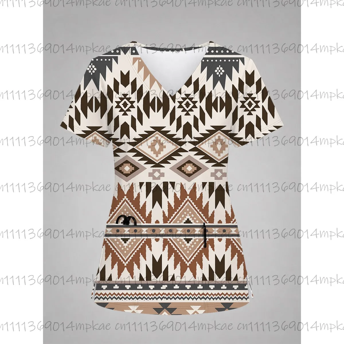 New Women's V-Neck Pocket Short-Sleeve Frosted T-Shirt, Beauty Salon Frosted Top, Geometric Print Women's Work T-Shirt