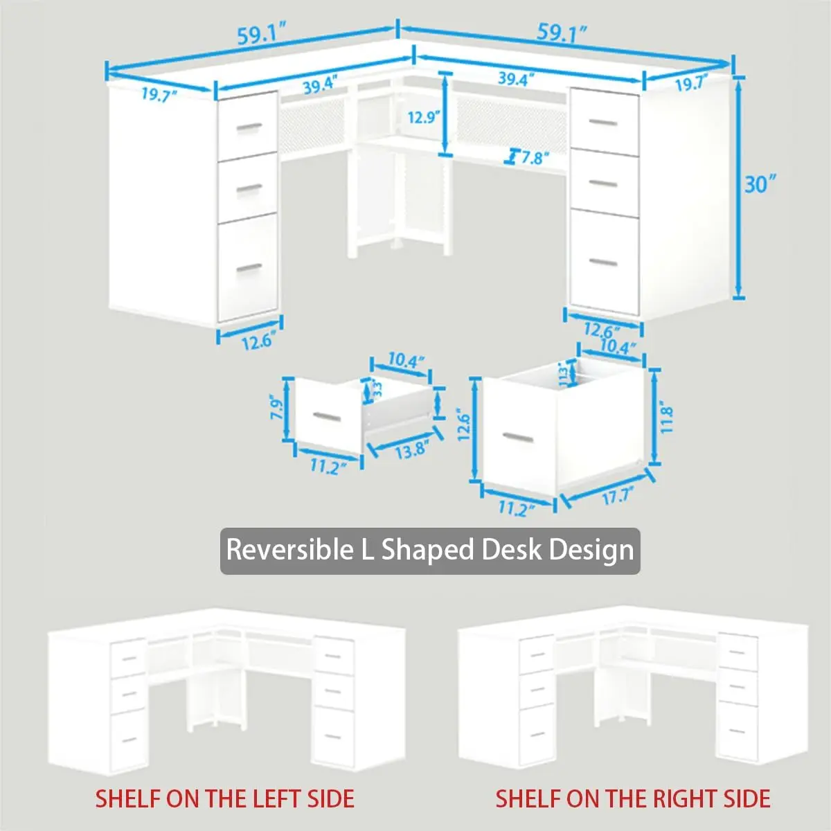 White L Shaped Desk with Drawers Shelves, Large Home Office Corner Computer Desk , Modern Writing Study Workstation