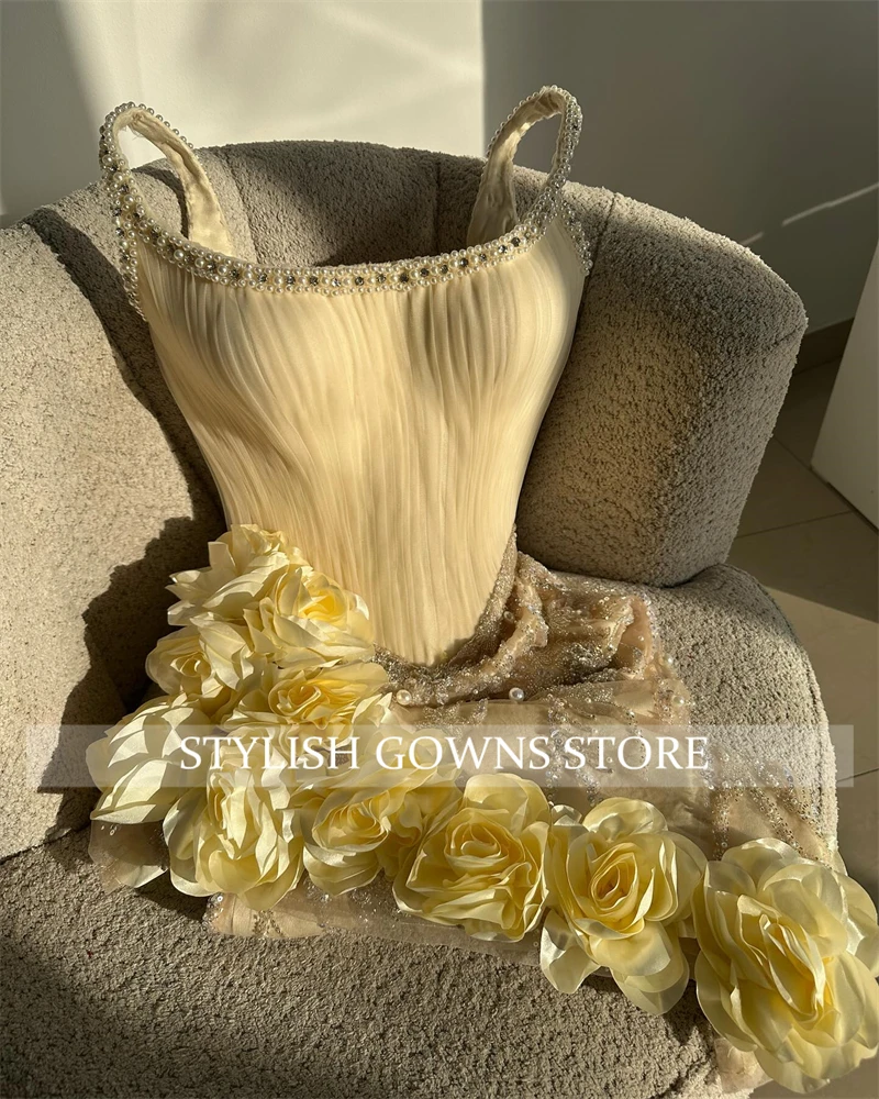 Robes De Bal courtes jaunes élégantes personnalisées, scintillantes, fleurs 3D, avec des Appliques De diamants, robes De fête d'anniversaire