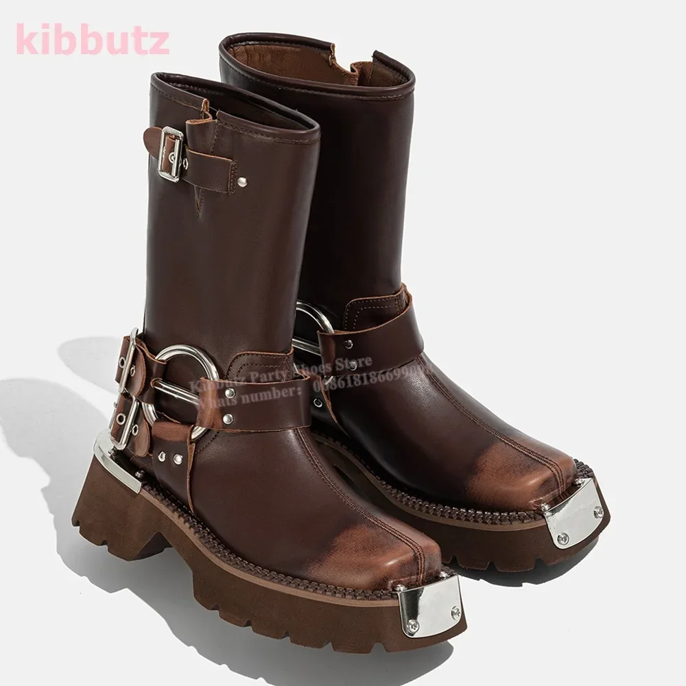 Cowboy Mid Calf Boots Belt Buckle Metal Toe Square Heel Novelty Leather Vintage Slip-On Fashion Concise Novelty Women Shoes New
