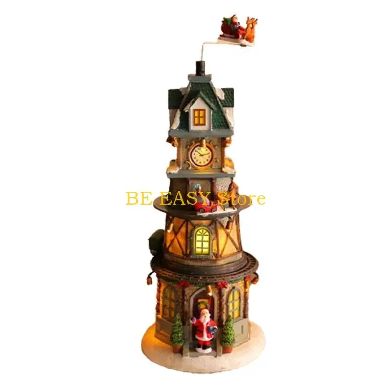 

E28F Elegant Christmas Rotatable Music Box House Figurine Christmas Party Ornament ,Resin Glowing Festival Decorations