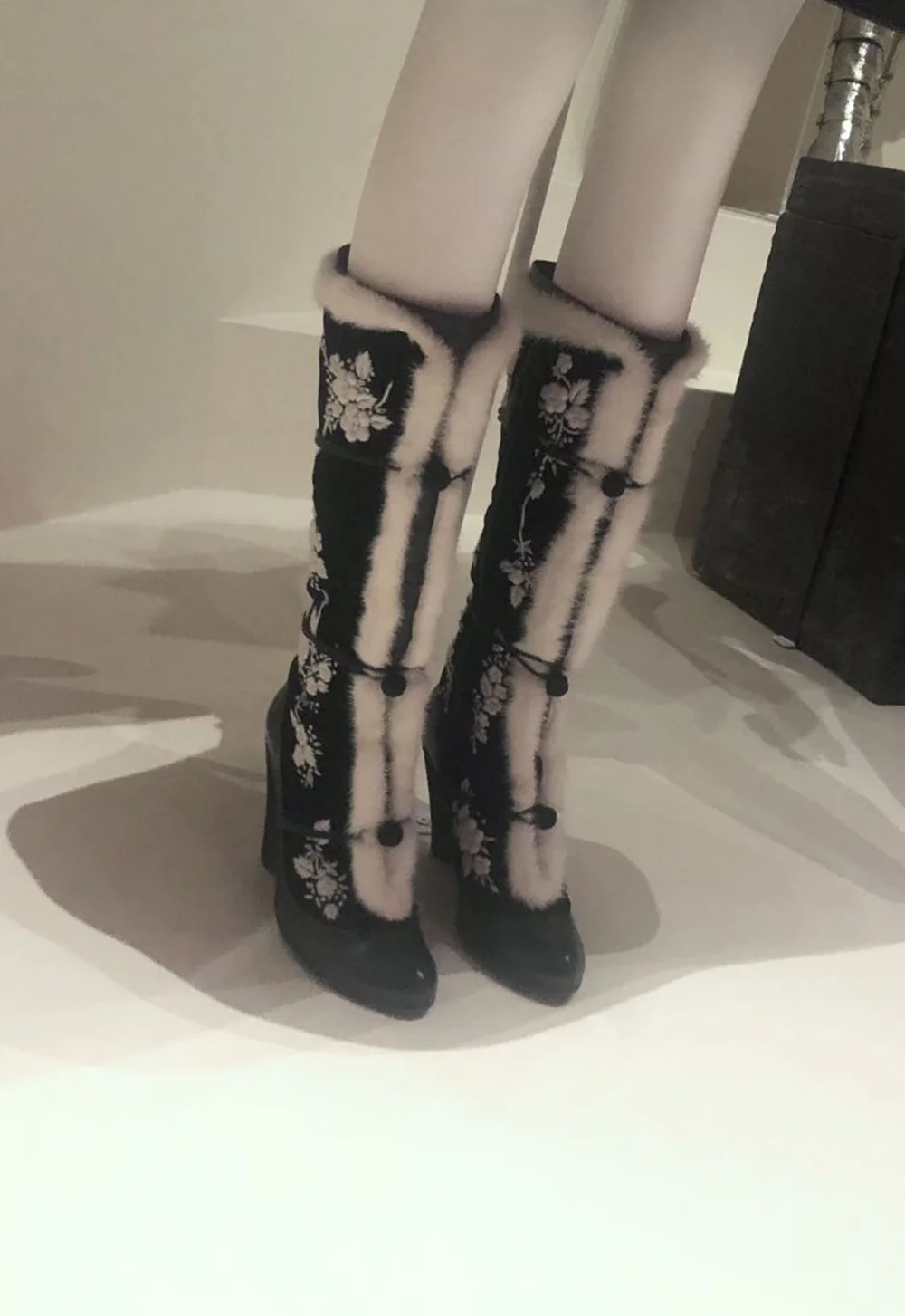 

Custom Black Wedge Heel Faux Fur Knee-High Boots New White Plum Blossom Embroidery Round-Toe Warm Winter Boots for Women