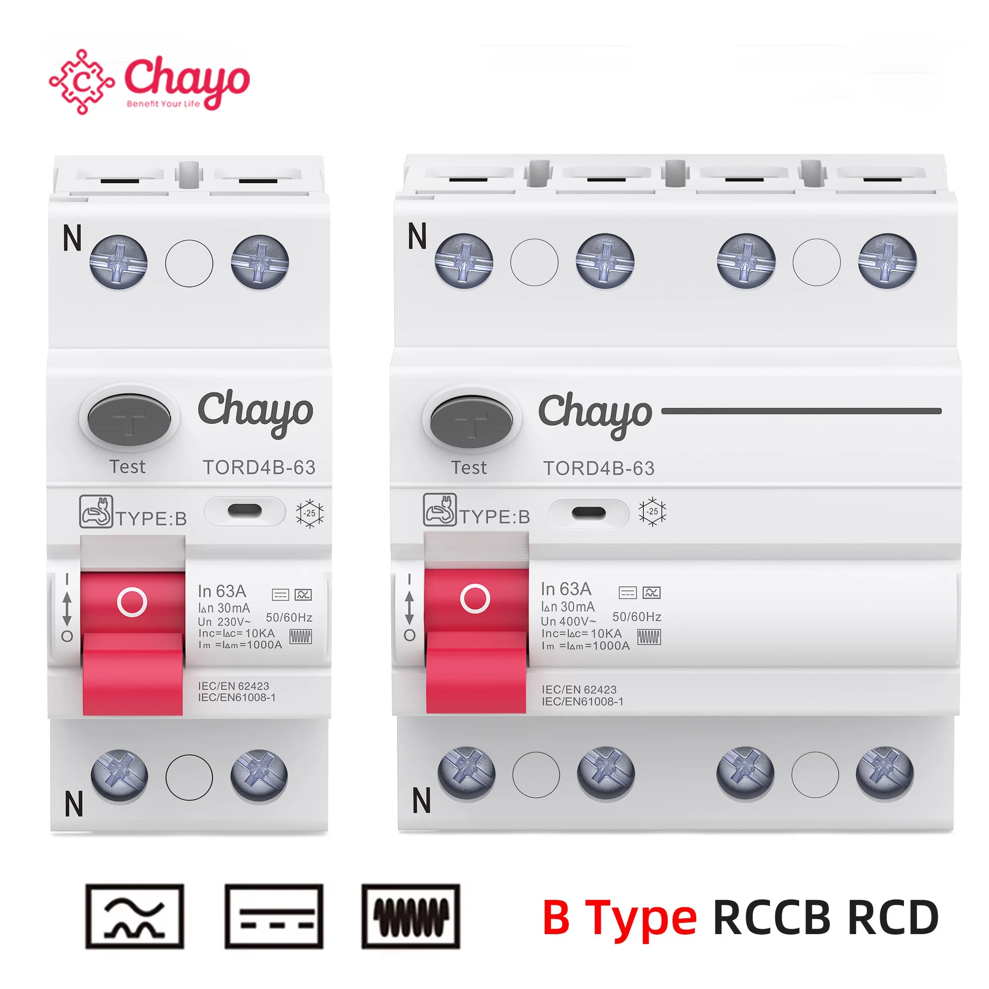 RCD RCCB Type B Earth Leakage Residual Current Circuit Breaker Evse 2P 4P AC 40a 63a 30ma 100ma 300ma 10KA Din Rail 230V chayo