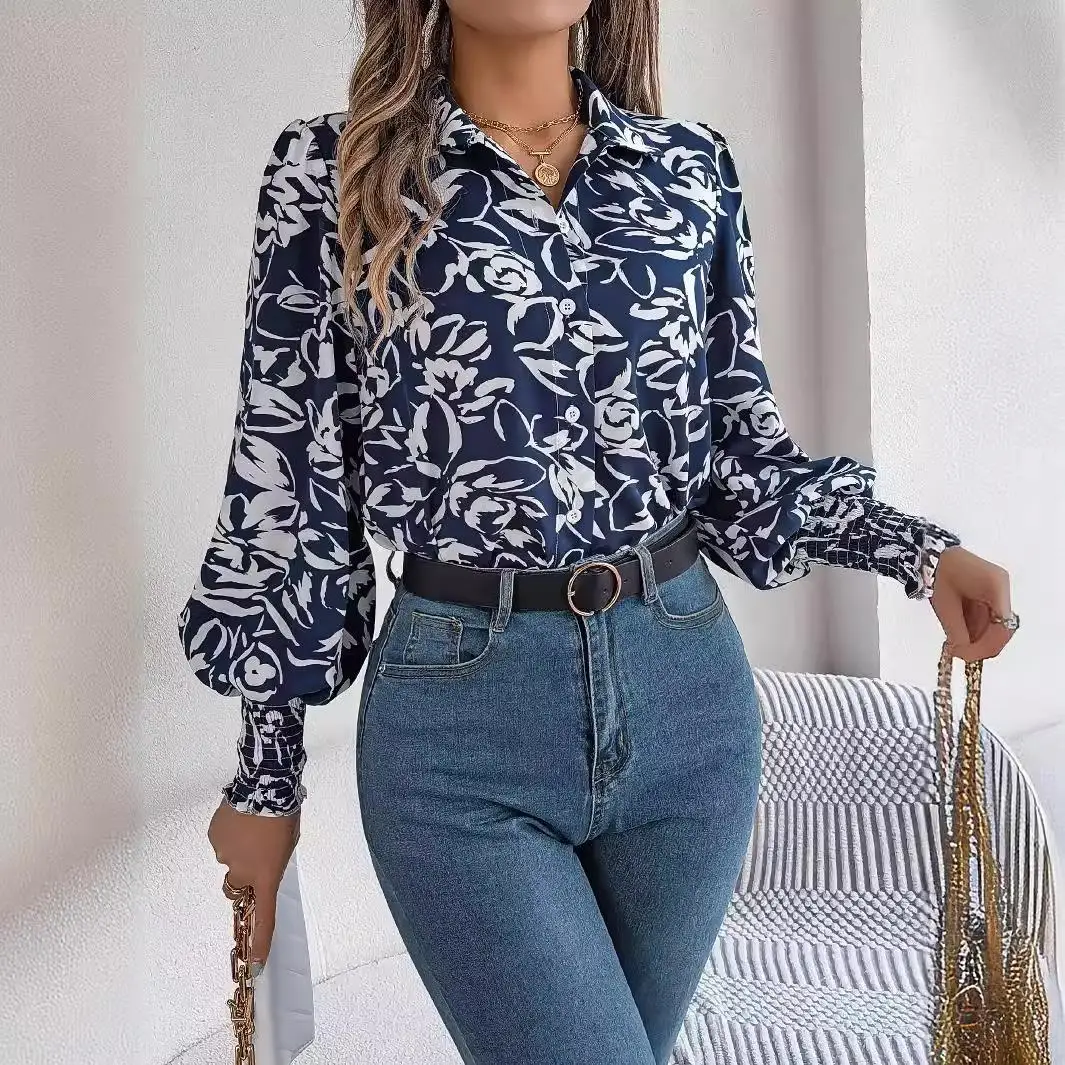 Flower Lantern SVE Lapel irt Women's Clothing European Sle Polyester Long Sve irt Women's Faion Autumn Season