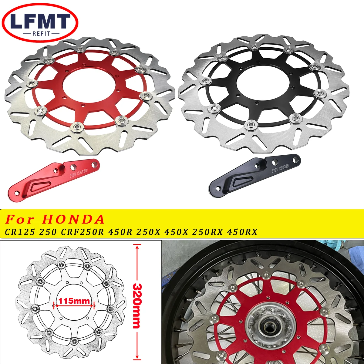 Cakram rem motor mengambang depan, Rotor cakram sepeda motor 320mm untuk Honda CR125 CR250 CRF250R CRF450R CRF450R CRF250X CRF250RX CRF450RX dll