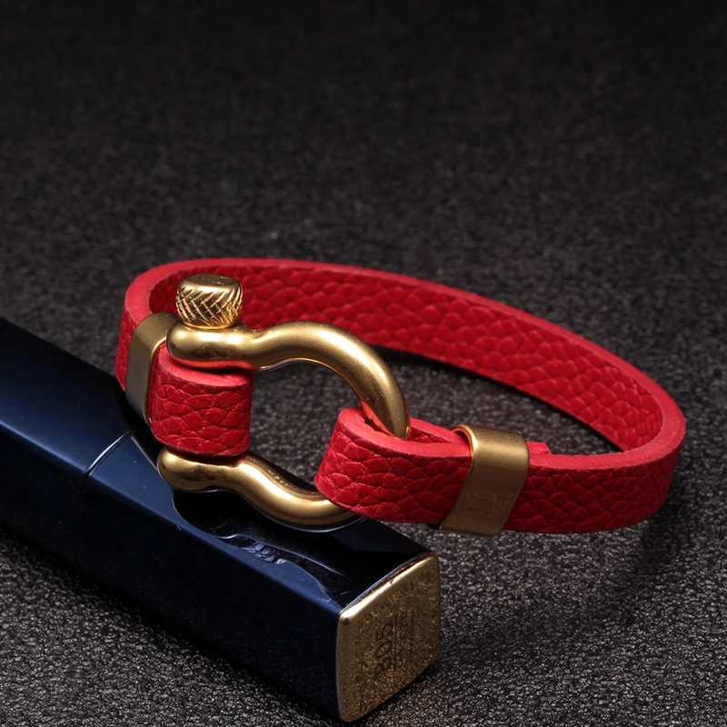 Fashion Braided Red Rope Genuine Leather Bracelets Handmade Lock Stainless Steel Chain Link Charm Men Women Bracelets Jewelry