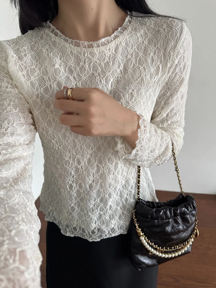 

Ele Double Layer Lace Base irt Autumn Gentle Fairy Aosphere l Curl Soft Nylon Fabric Long Sve round Ne