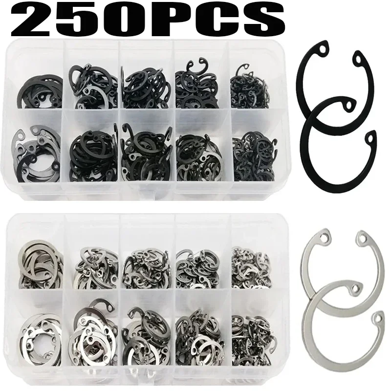 250pcs Assortment Kit Set M8 to M20 304 Stainless Steel Black 65mn Shaft Retaining Hole Clip Snap Ring C Type Internal Circlip