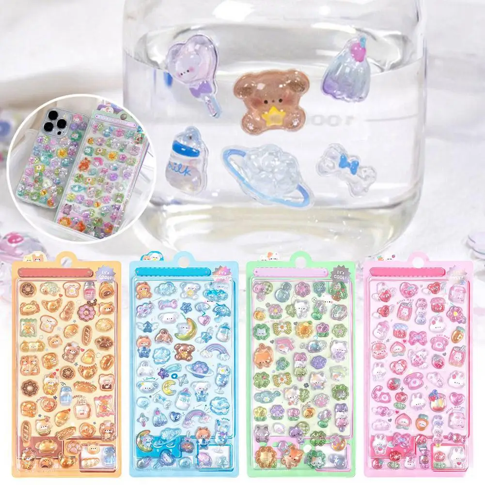 4pcs 3D Puffy Stickers for Kids, Cartoon Crystal Rhinestone Bubble Sticker Sheets, Cute Raised Decor for Scrapbooking DIY