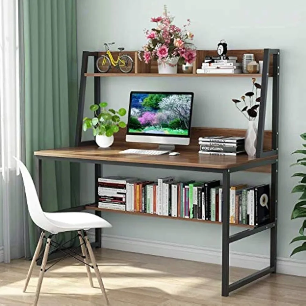 

47-inch Multi-Functional Computer Desk Table with Hutch, Mental Frame Writing Desk with Bookshelf for Home, Sturdy PC Laptop