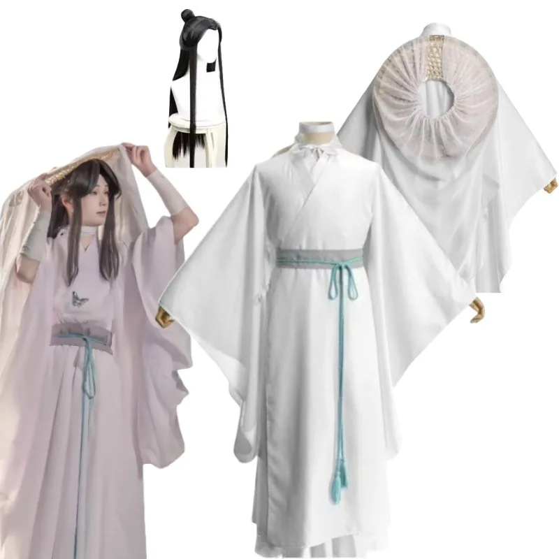 

Anime Heaven Official's Blessing Xie Lian Cosplay Costume White Hanfu Bamboo Hat Wig Suit for Women Men Tian Guan Ci Fu Roleplay