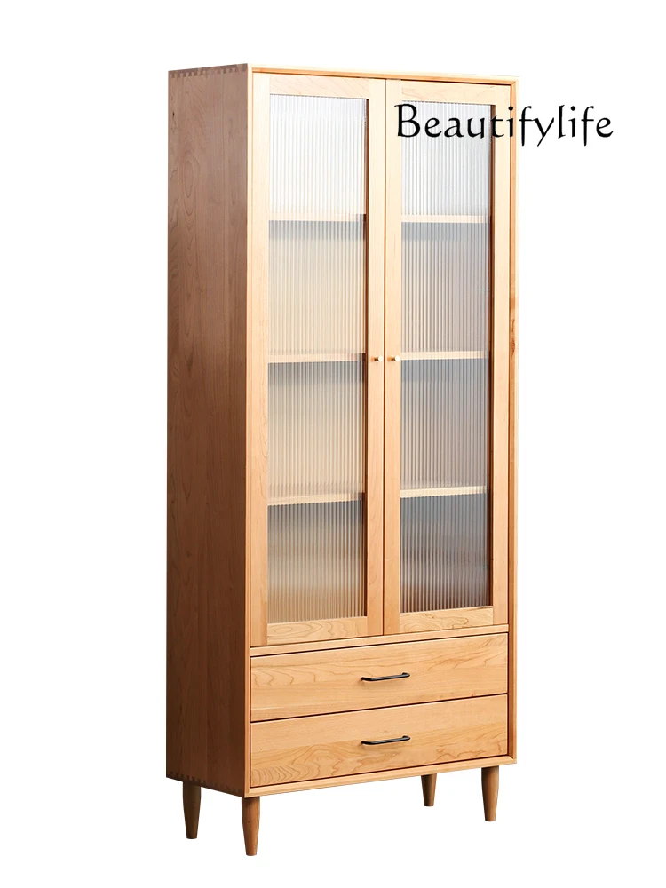 

Nordic pure solid wood high bookshelf storage rack Japanese cherry wood glass display log storage cabinet