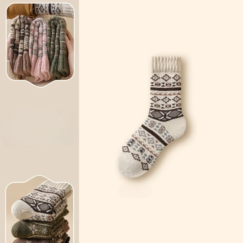 5 paires de chaussettes en laine épaisses, chaudes et résistantes au froid, Style ethnique rétro, décontractées et confortables, chaussettes mi-tube pour femmes, hiver