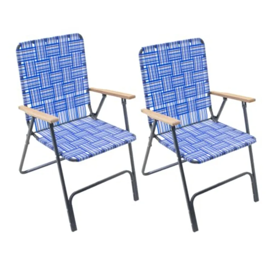 

Garden Elements Folding Patio and Lawn Chairs Steel Frame with Blue Woven Fabric and Wooden Armrests Comfortable Full-Size Outd